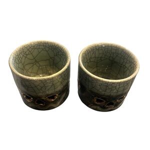 Vintage Gold Horse Somaware Otagiri Somayaki Green Crackle Double Wall Tea Pair